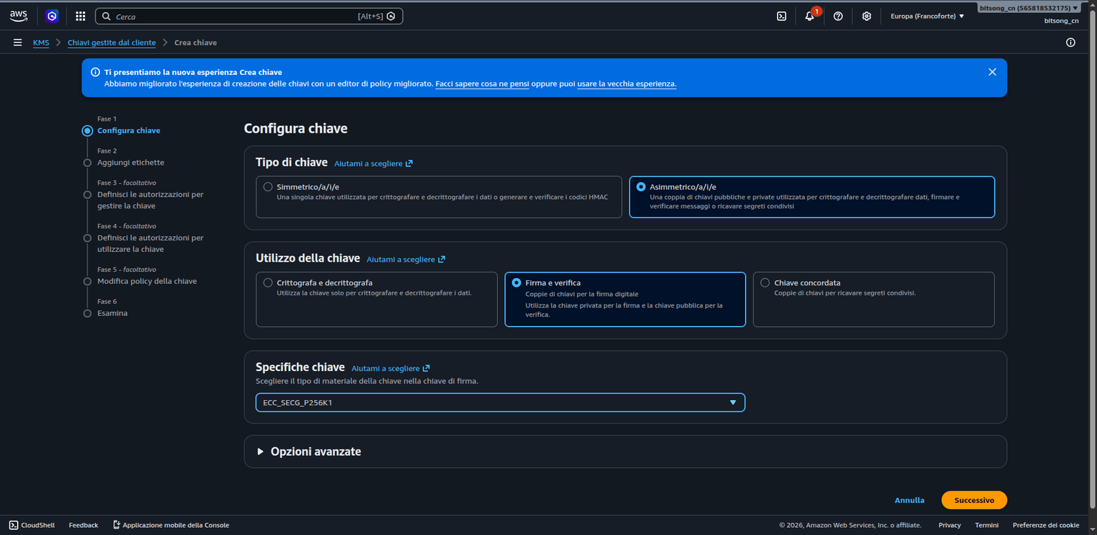 KMS – Configure key: Asymmetric, Sign and verify, ECC_SECG_P256K1